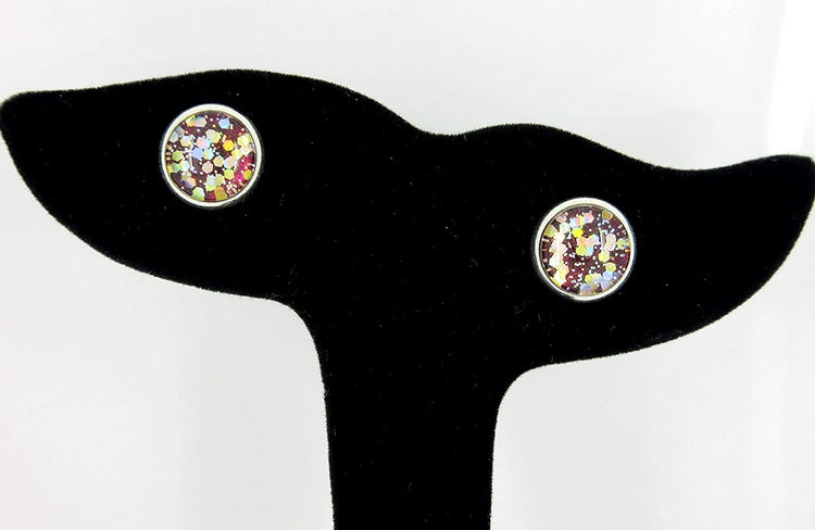 Silver-tone Burgundy Confetti Glitter Glass Stud Earrings Hand-painted 10mm