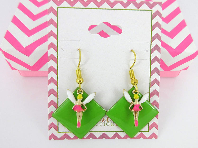 Gold-tone Green Enamel Fairy Charm Dangle Earrings