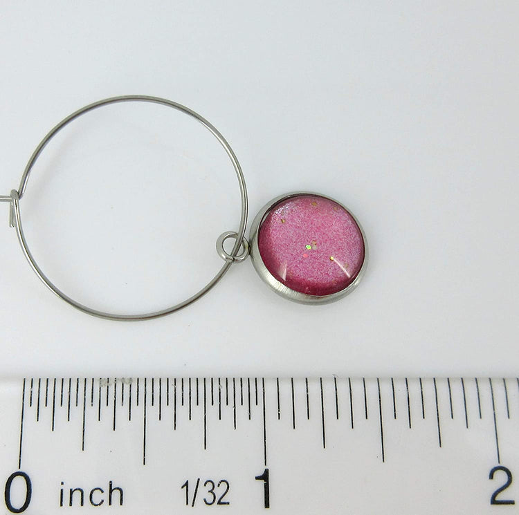 Stainless Steel Pink and Silver Glitter Glass Charm Hoop Earrings Hand-painted 1"