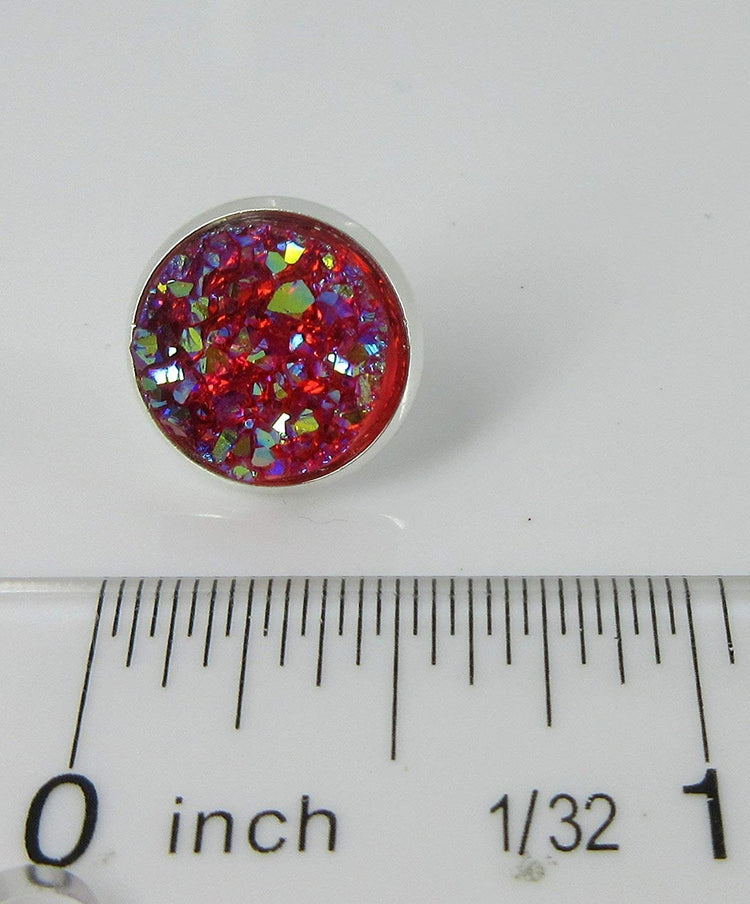 Silver-tone Translucent AB Faux Druzy Stone Stud Earrings 12mm (Raspberry)