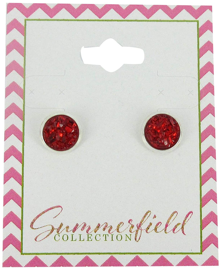 Silver-tone Red Faux Druzy Stone Stud Earrings 8mm