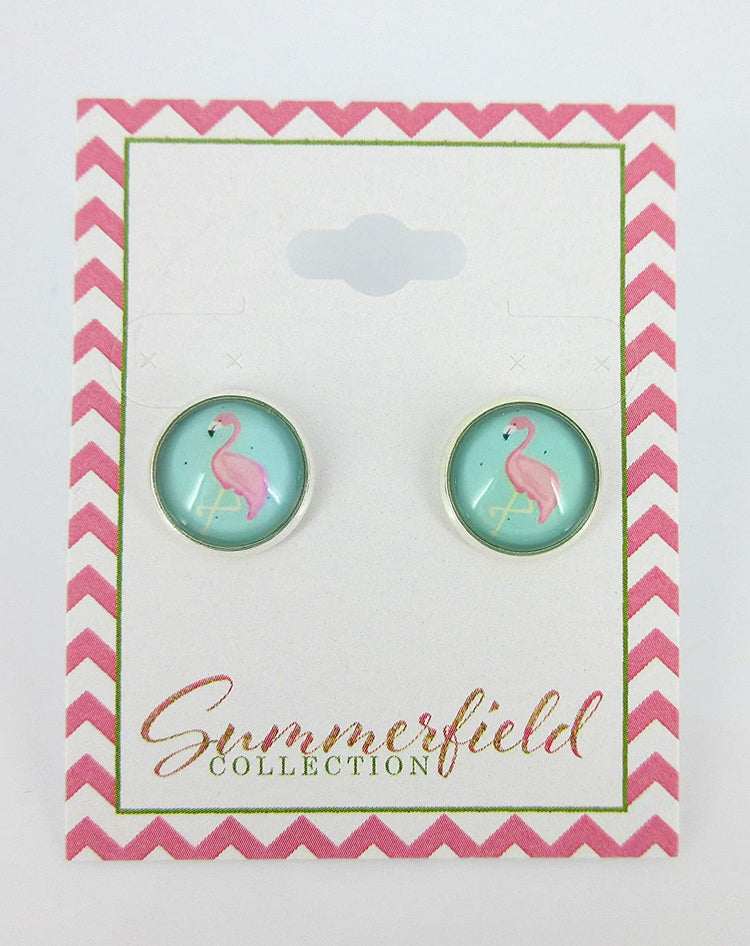 Silver-tone Teal Green Blue and Pink Flamingo Print Glass Stud Earrings 12mm