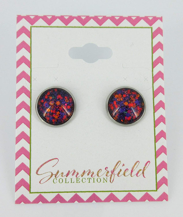 Stainless Steel Purple Orange Glitter Glass Stud Earrings Hand-painted 12mm