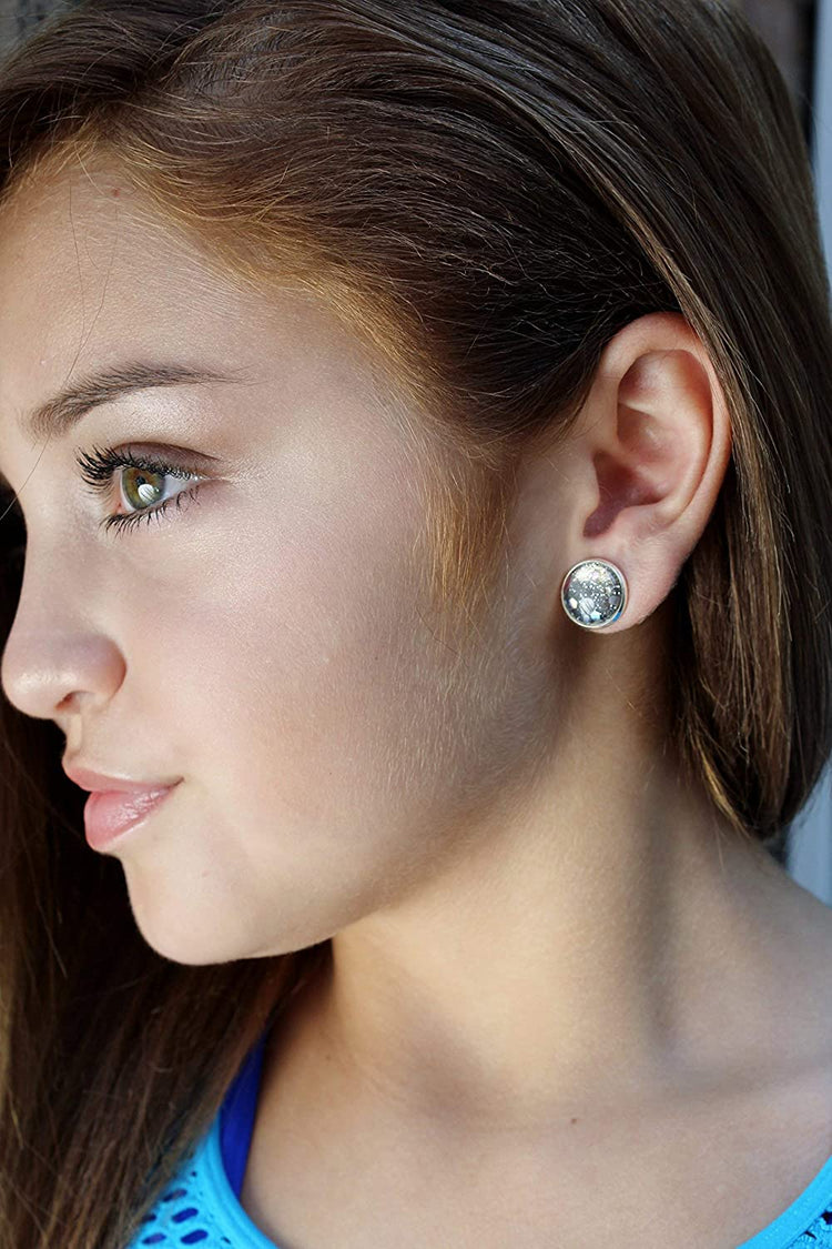 Silver-tone Black Holographic Glitter Glass Galaxy Stud Earrings Hand-painted 12mm