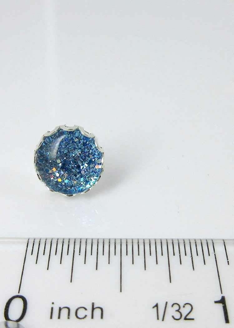 Silver-tone Blue Sparkle Glitter Glass Stud Earrings Hand-painted 10mm