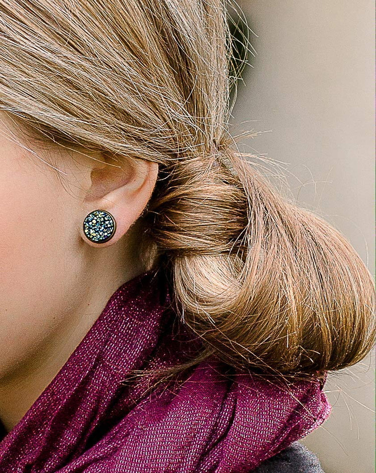 Trio Antiqued Gold-tone Stud Earrings 12mm Faux Druzy Stone Silver Metallic Blue Pink Set