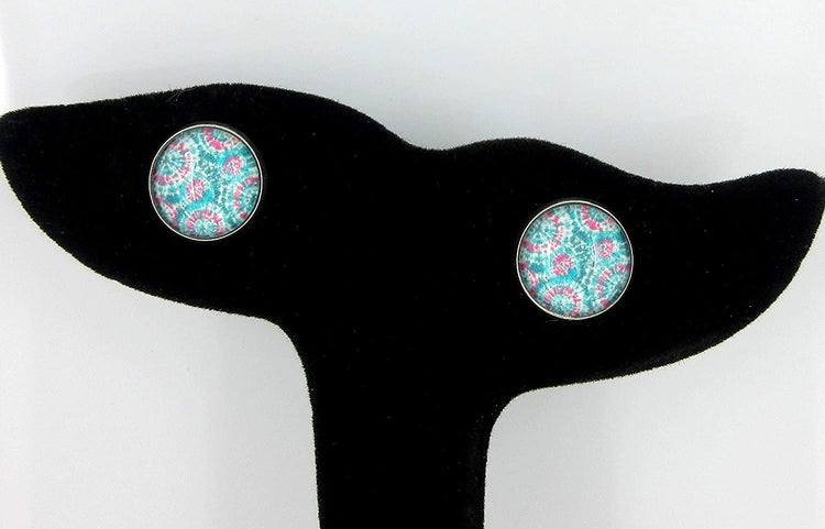Stainless Steel Aqua Blue Pink Green Tie Dye Print Glass Stud Earrings 12mm