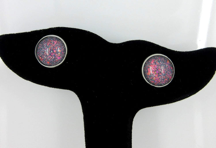 Stainless Steel Gray and Rainbow Holographic Glitter Glass Stud Earrings Hand-painted 12mm