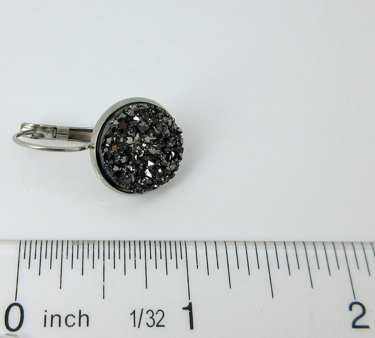 Stainless Steel Gunmetal Gray Faux Druzy Stone Lever-back Drop Earrings 14mm