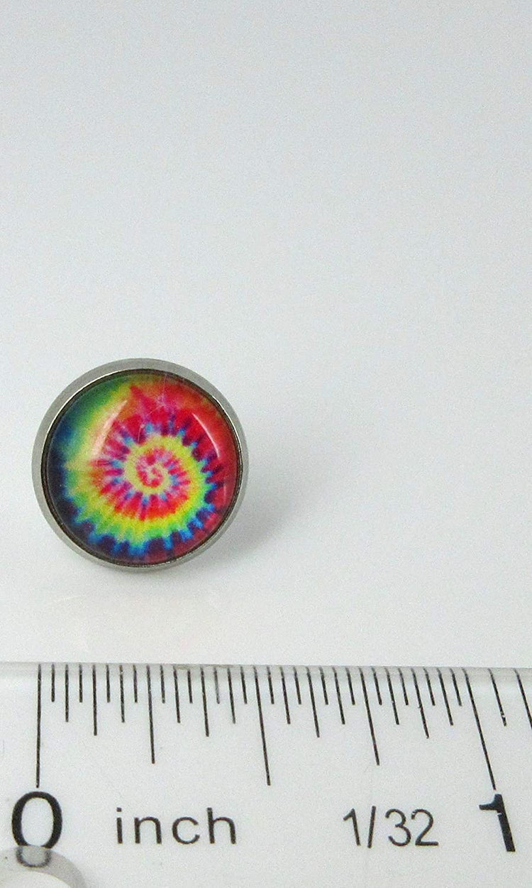 Stainless Steel Tie Dye Print Glass Stud Earrings 12mm Purple Red