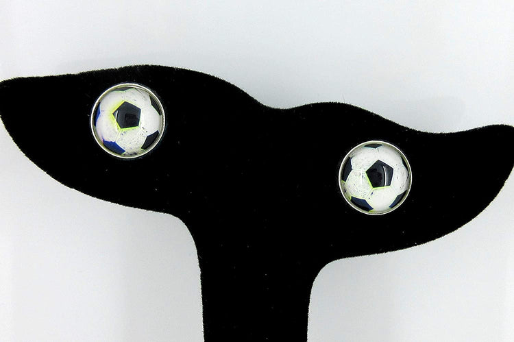 Silver-tone Soccer Ball Print Glass Stud Earrings 12mm