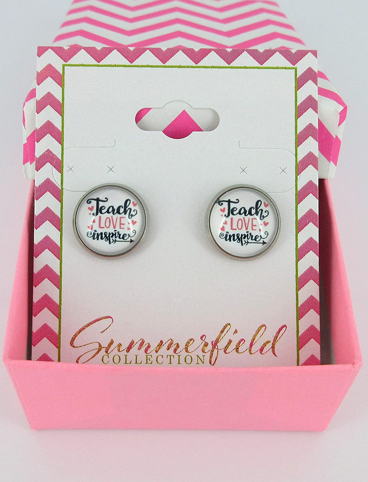 Stainless Steel Teacher Love Inspire Print Glass Stud Earrings 12mm