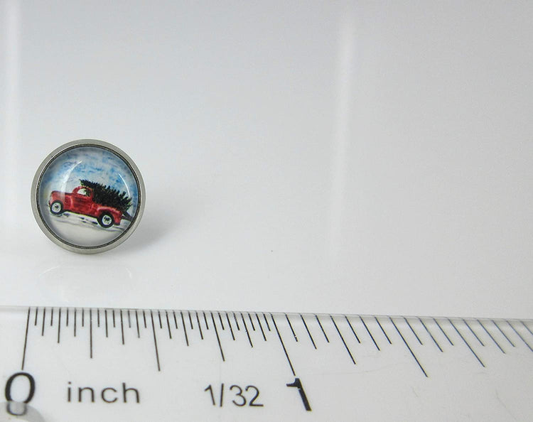 Stainless Steel Red Truck Christmas Tree Print Glass Stud Earrings 12mm