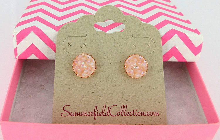Rose Gold-tone Clear Light Pink AB Faux Druzy Stone Stud Earrings 10mm