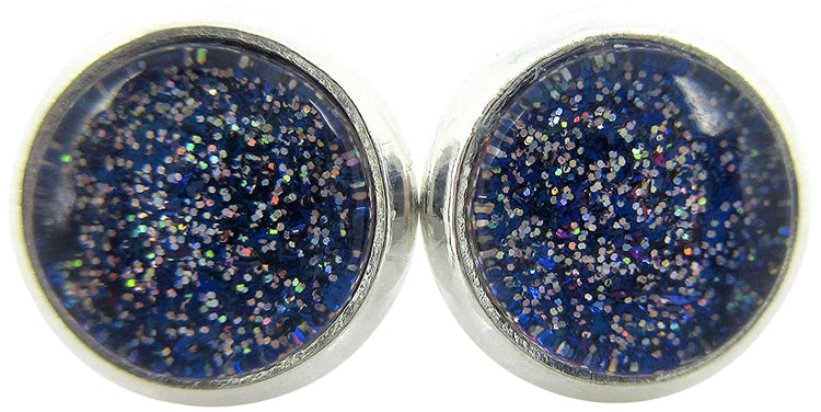 Silver-tone Royal Blue and Holographic Glitter Glass Stud Earrings Hand-painted 8mm