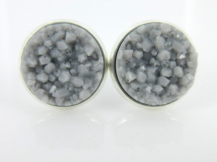 Duo Stud Earrings Silver-tone Gray and Eggplant Faux Druzy Stone 12mm Set