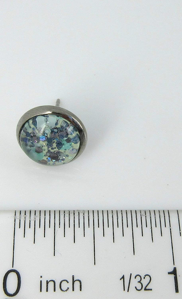 Hematite-tone Mint Green and Silver Glitter Glass Stud Earrings Hand-painted 10mm