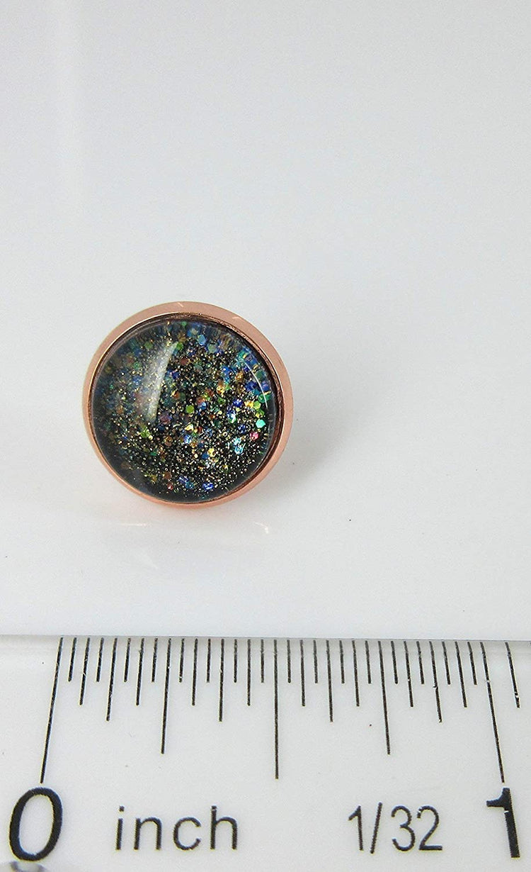 Rose Gold-tone Black Iridescent Glitter Glass Galaxy Stud Earrings Hand-painted 12mm