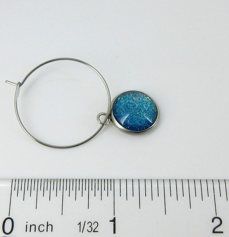 Stainless Steel Blue Green Glitter Glass Charm Hoop Earrings Hand-painted 1"