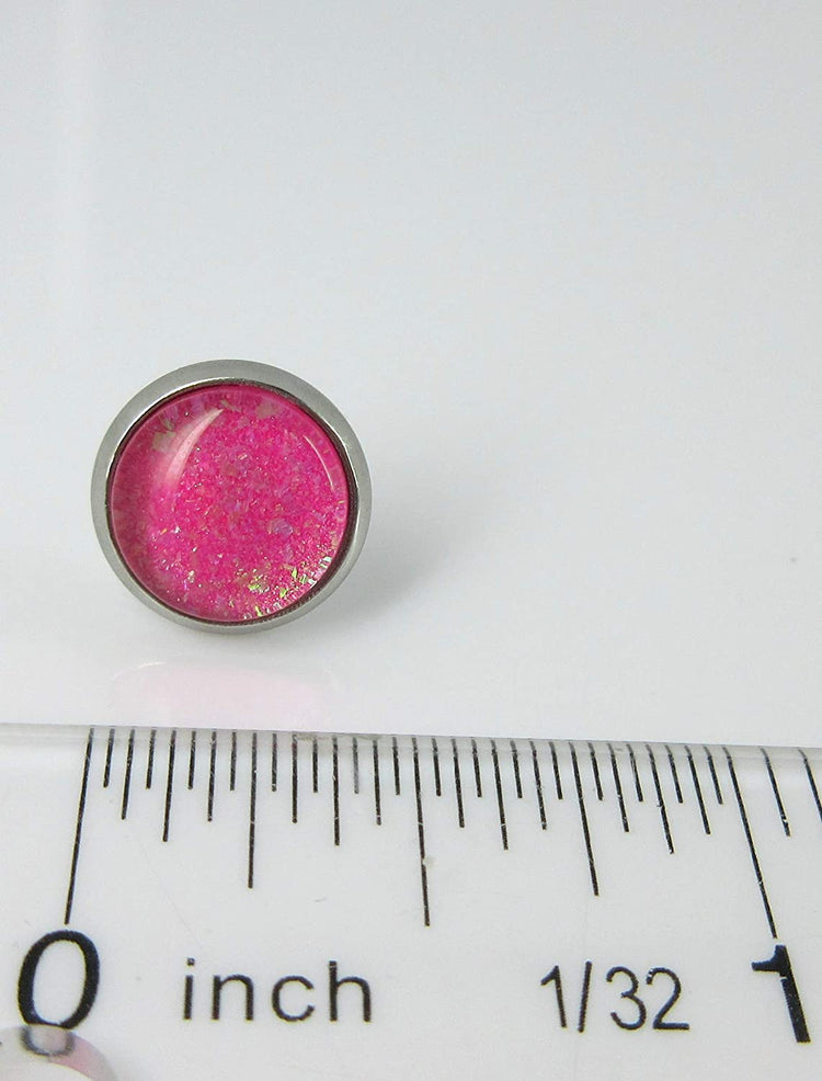 Stainless Steel Hot Pink and Iridescent Glitter Glass Stud Earrings Hand-painted 10mm