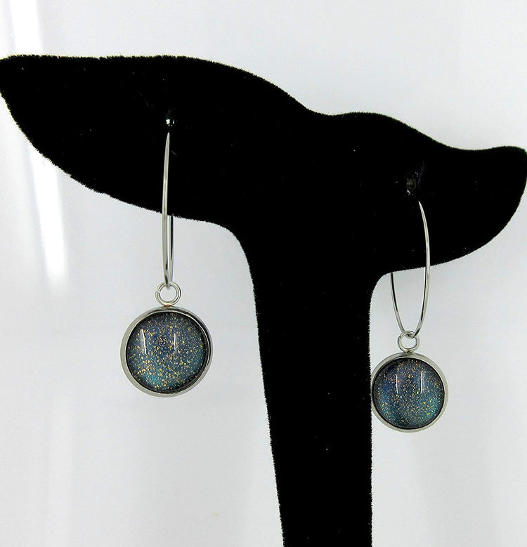 Stainless Steel Blue Purple Gray Glitter Glass Charm Hoop Earrings Hand-painted 1"