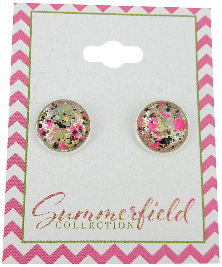 Silver-Tone Neon Pink Gold and Black Glitter Glass Stud Earrings 1/2" Round