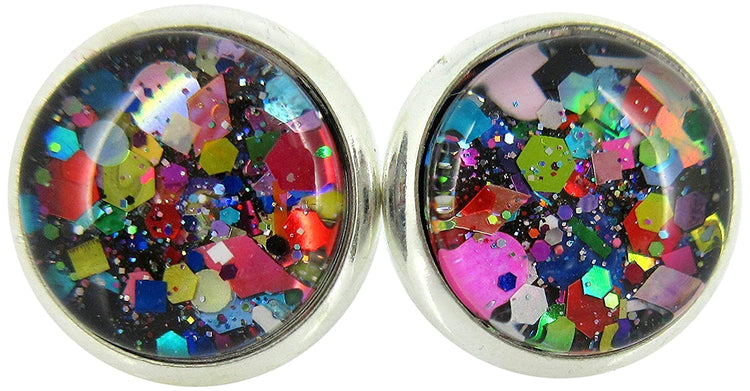 Silver-tone Black and Multi-Color Confetti Glitter Glass Stud Earrings Hand-painted 10mm