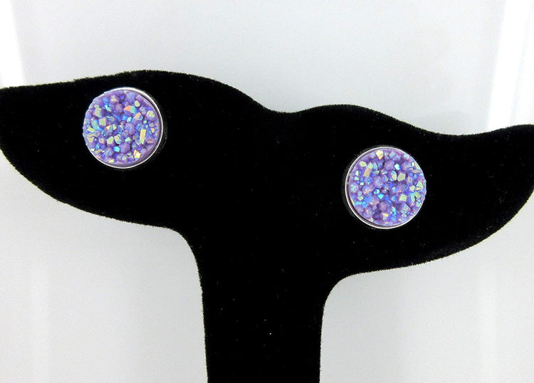 Silver-tone Lavender Purple AB Faux Druzy Stone Stud Earrings 12mm