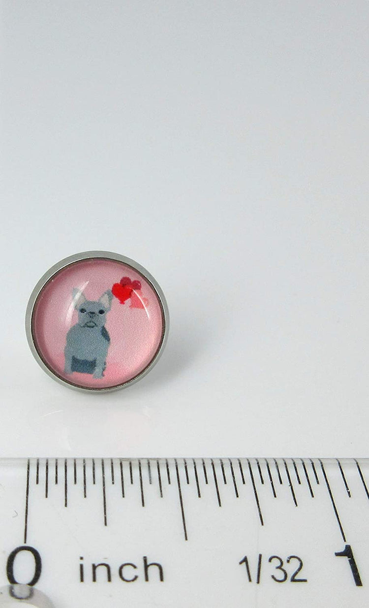 Stainless Steel Pink Gray French Bulldog Hearts Print Glass Stud Earrings 12mm