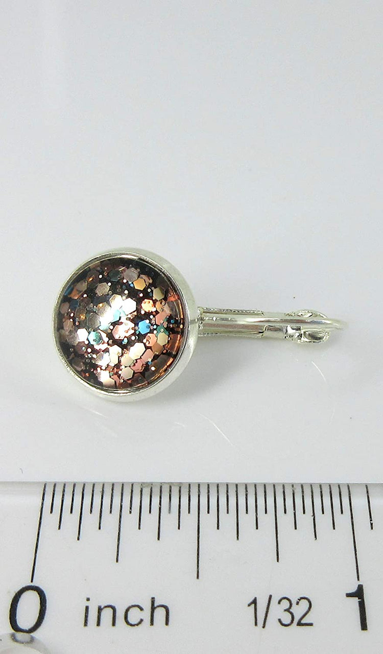 Silver-tone Black and Multi-Color Confetti Glitter Glass Lever-back Drop Earrings Hand-painted