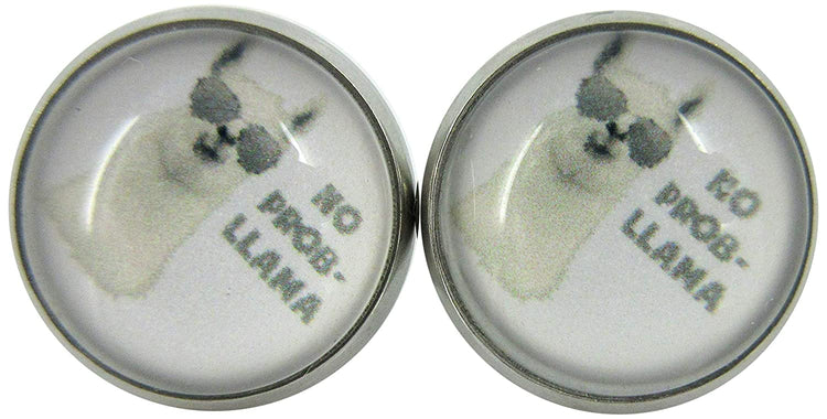 Stainless Steel No Prob Llama Print Glass Stud Earrings 12mm