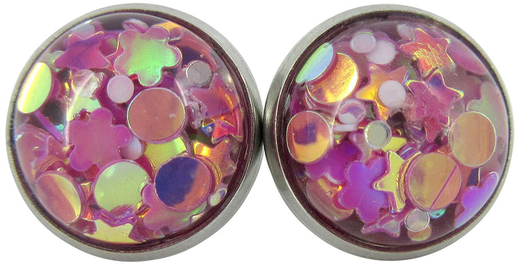 Stainless Steel Glitter Resin Globe Stud Earrings 12mm Magenta