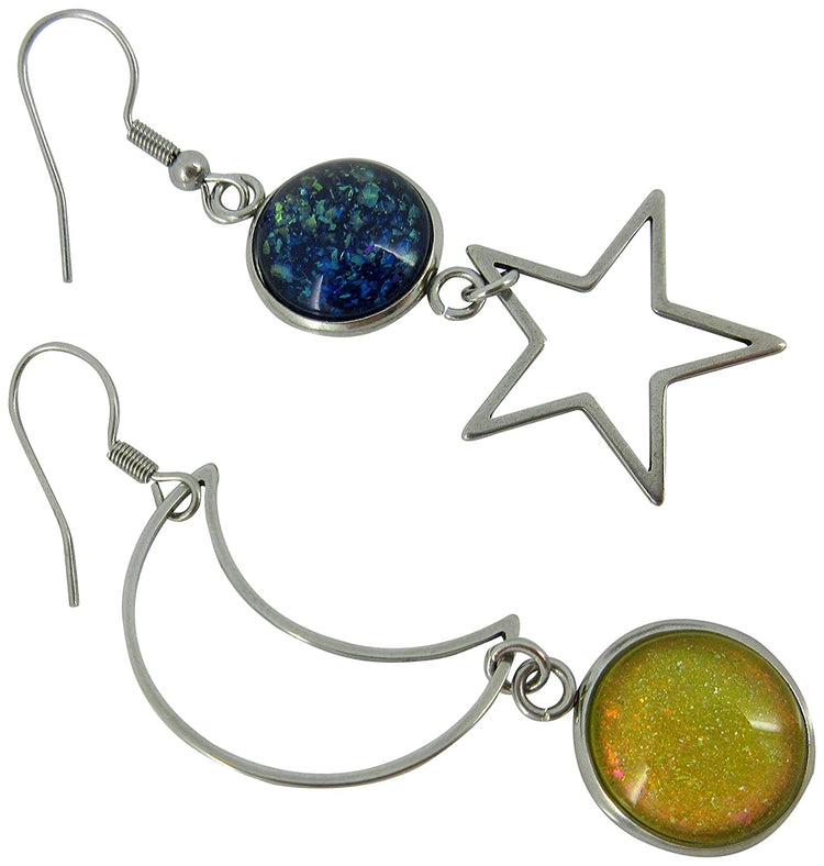 Stainless Steel Mismatch Glitter Glass Moon and Star Charm Dangle Earrings