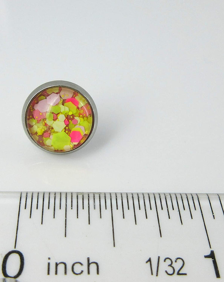 Stainless Steel Strawberry Lemonade Glitter Glass Stud Earrings Hand-painted 10mm