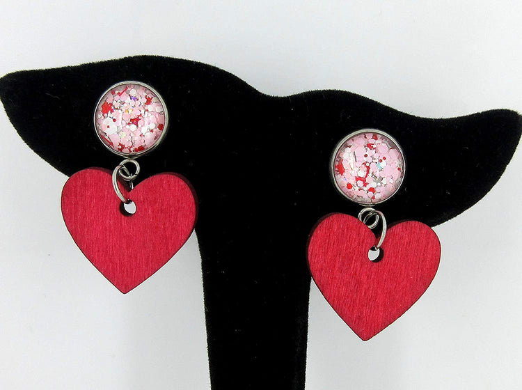 Stainless Steel Pink White Glitter Glass Red Heart Wood Drop Earrings