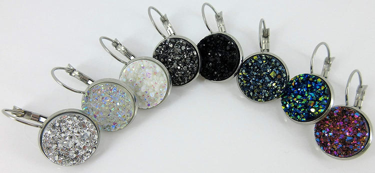 Stainless Steel Metallic Blue Faux Druzy Stone Lever-back Drop Earrings 14mm