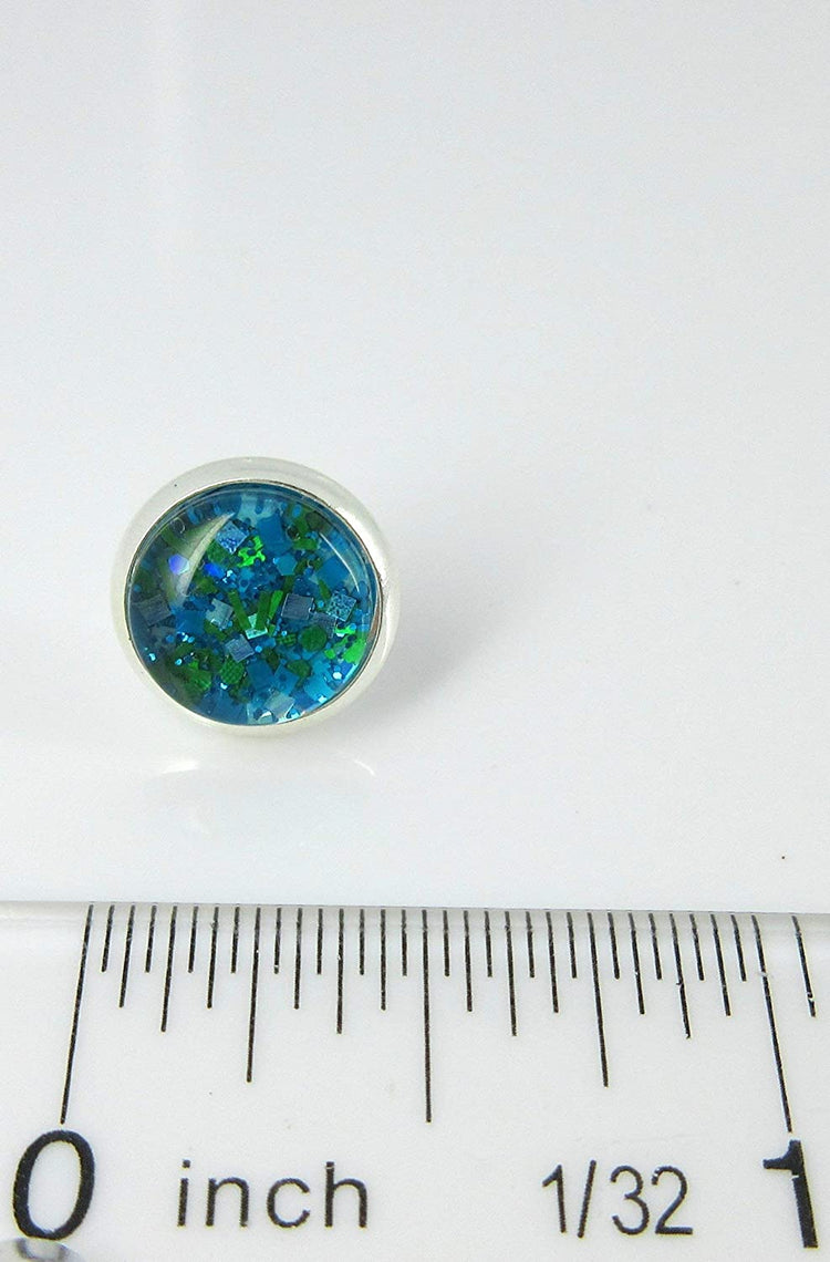 Silver-tone Aqua Blue and Green Glitter Glass Stud Earrings Hand-painted 10mm