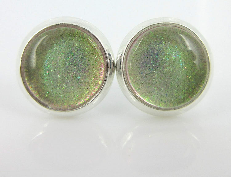Silver-tone Nude Pink Color Shift Glitter Glass Stud Earrings Hand-painted 8mm