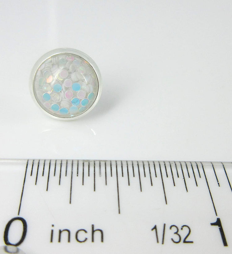 Shiny Silver-tone White Iridescent Glitter Resin Stud Earrings 10mm