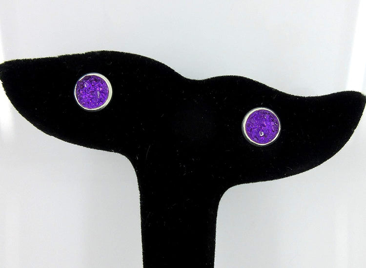 Duo Silver-tone Deep Purple and Green Faux Druzy Stone Stud Earrings 8mm Set
