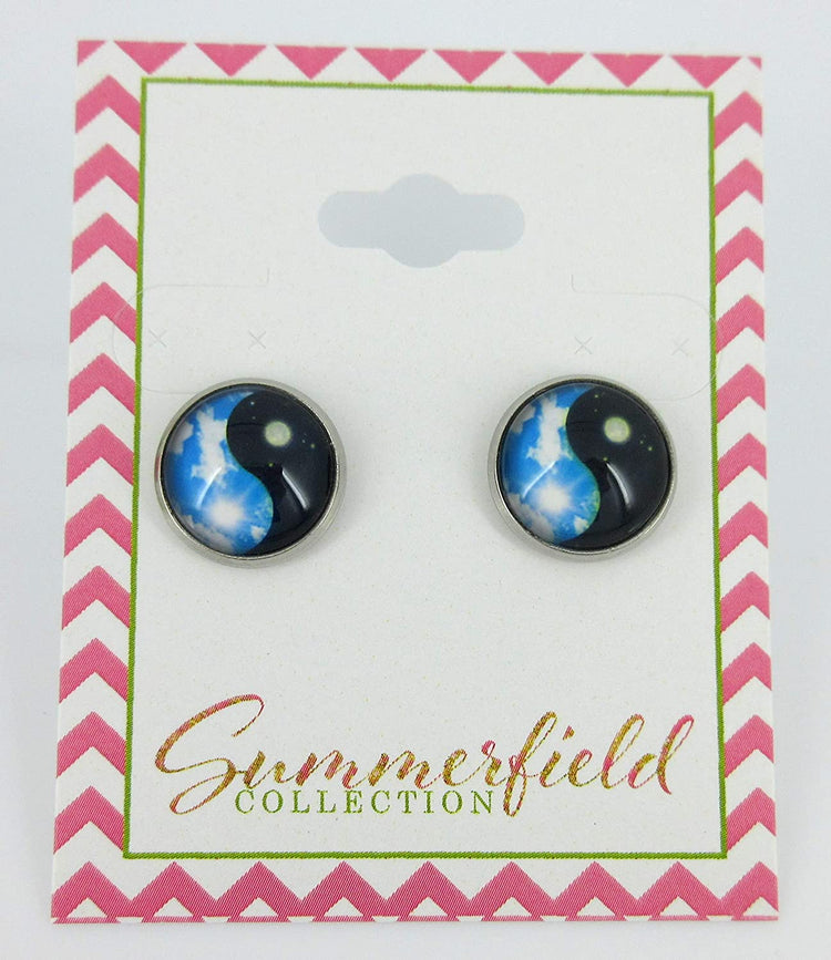 Stainless Steel Sky Blue and Black Day Night Yin Yang Print Glass Stud Earrings 12mm