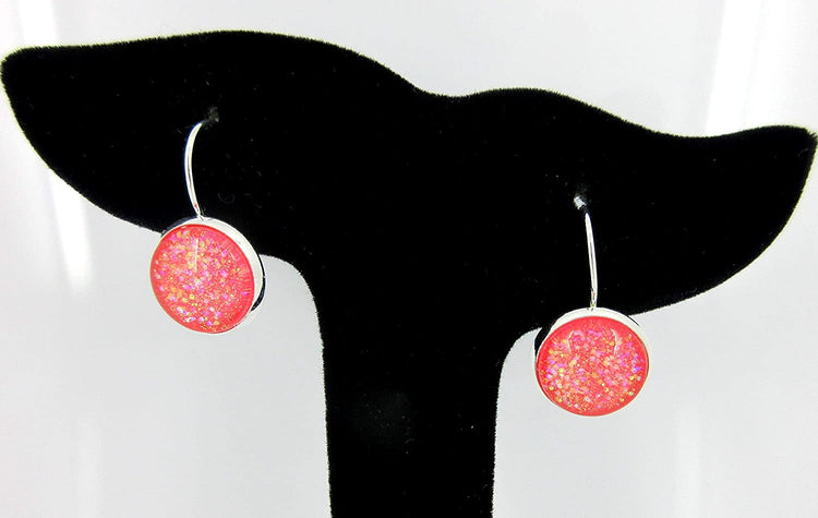 Silver-tone Coral Iridescent Glitter Glass Galaxy Drop Earrings Leverback Hand-painted
