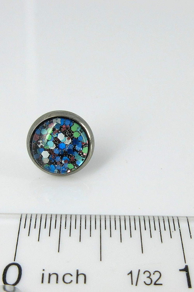 Hematite-tone Blue Green White Glitter Glass Stud Earrings Hand-painted 10mm