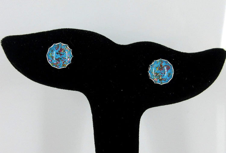 Silver-tone Aqua Blue and Rainbow Flake Glass Stud Earrings Hand-painted 10mm