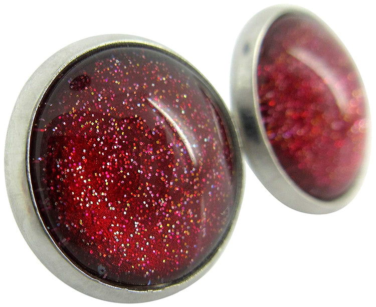 Stainless Steel Red with Gold Glitter Glass Stud Earrings Hand-painted 12mm