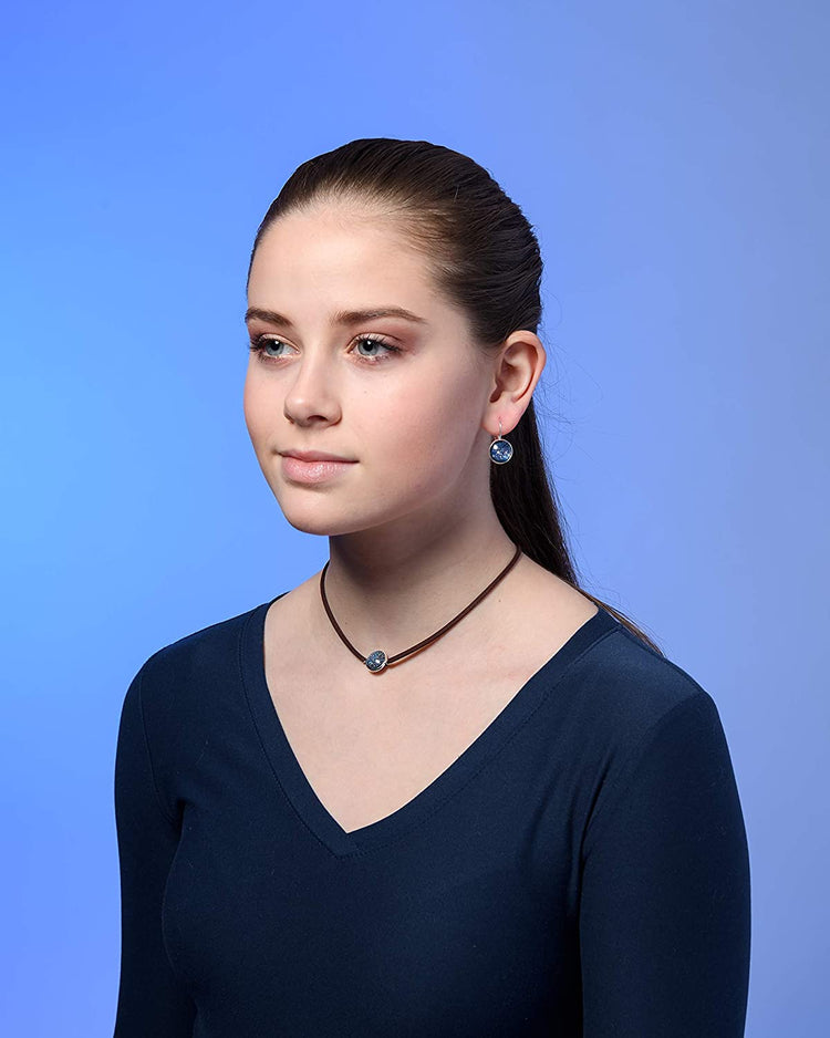 Silver-tone Starry Night Glitter Glass Pendant Choker Necklace Faux Brown Suede Cord