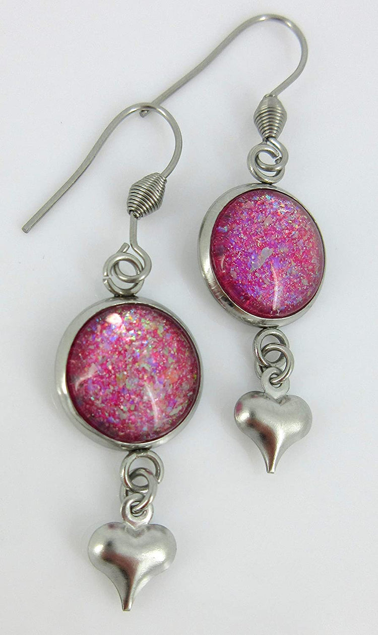 Stainless Steel Pink and Iridescent Glitter Flake Glass Heart Charm Dangle Earrings