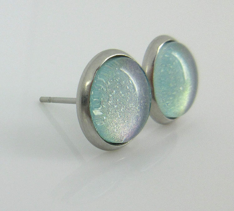 Stainless Steel Light Aqua Mint Glitter Glass Stud Earrings Hand-painted 10mm