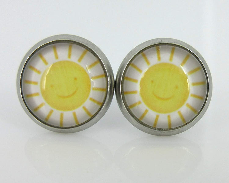 Stainless Steel White and Yellow Sunshine Print Glass Stud Earrings 10mm