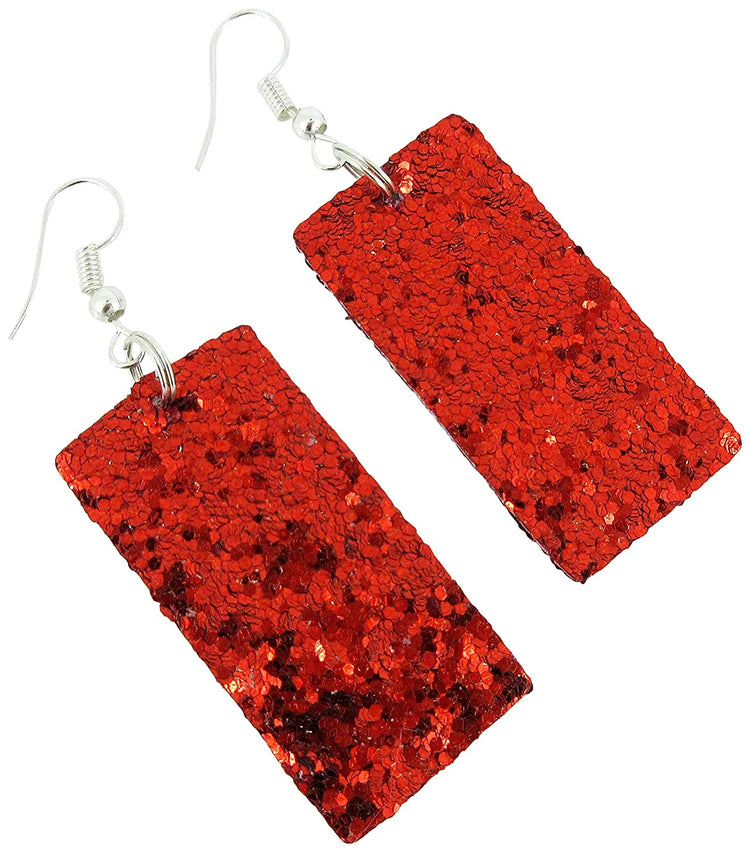 Silver-tone Glitter Faux Leather Large Rectangle Dangle Earrings (Gold and Rainbow)